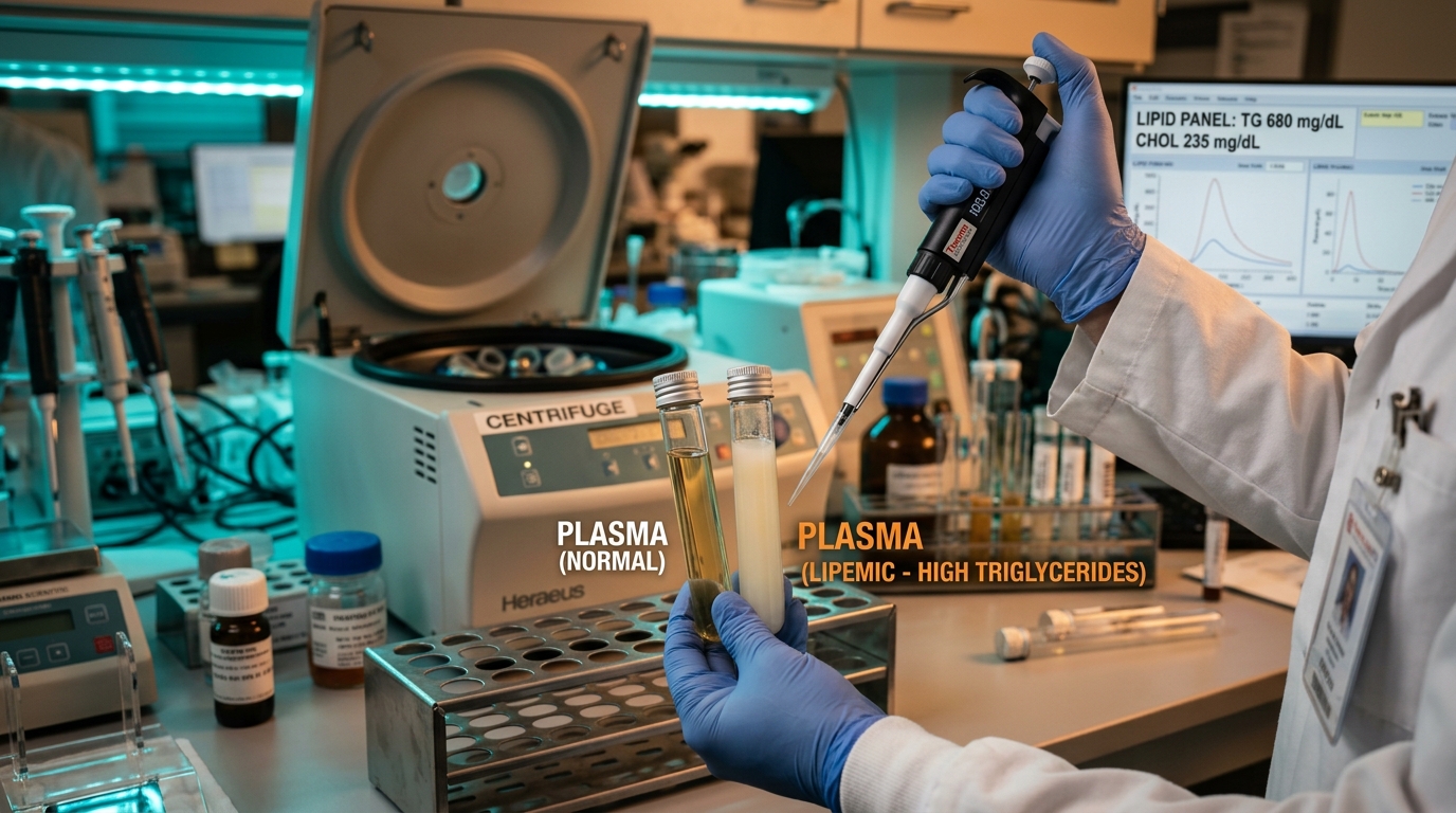 Confronto in laboratorio tra plasma limpido normale e plasma lattescente ipertrigliceridemico