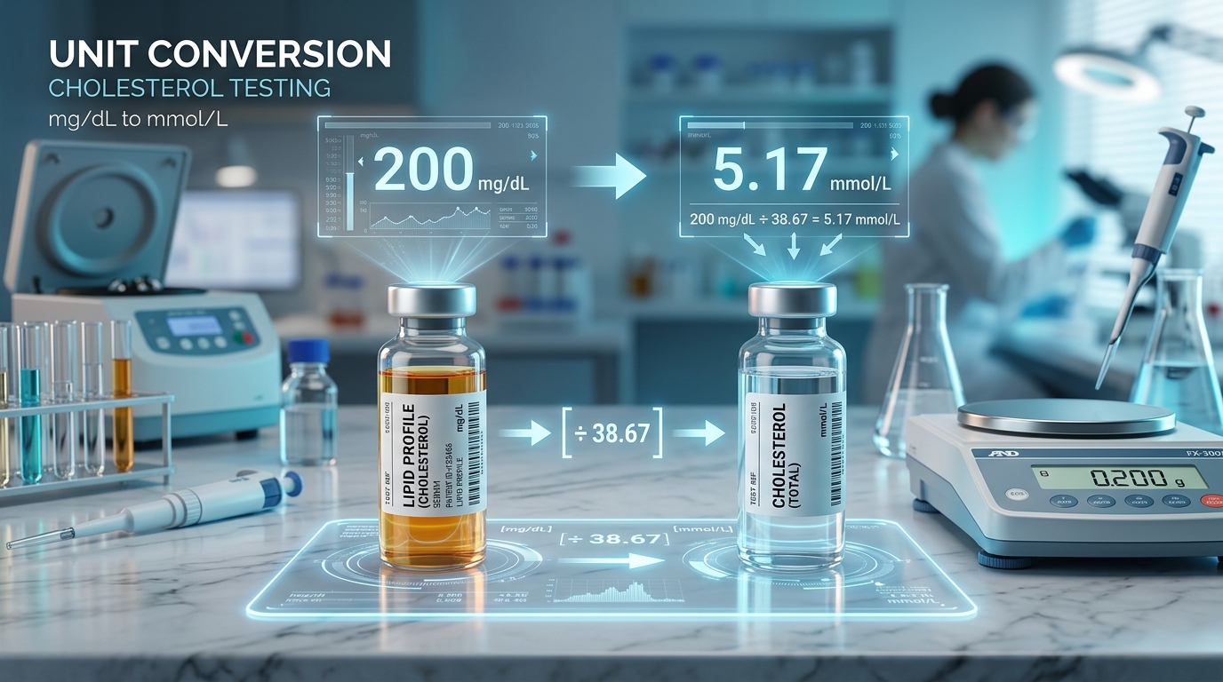 Conversione del colesterolo LDL tra mg/dL e mmol/L con provette da laboratorio e fattore di calcolo 38,67