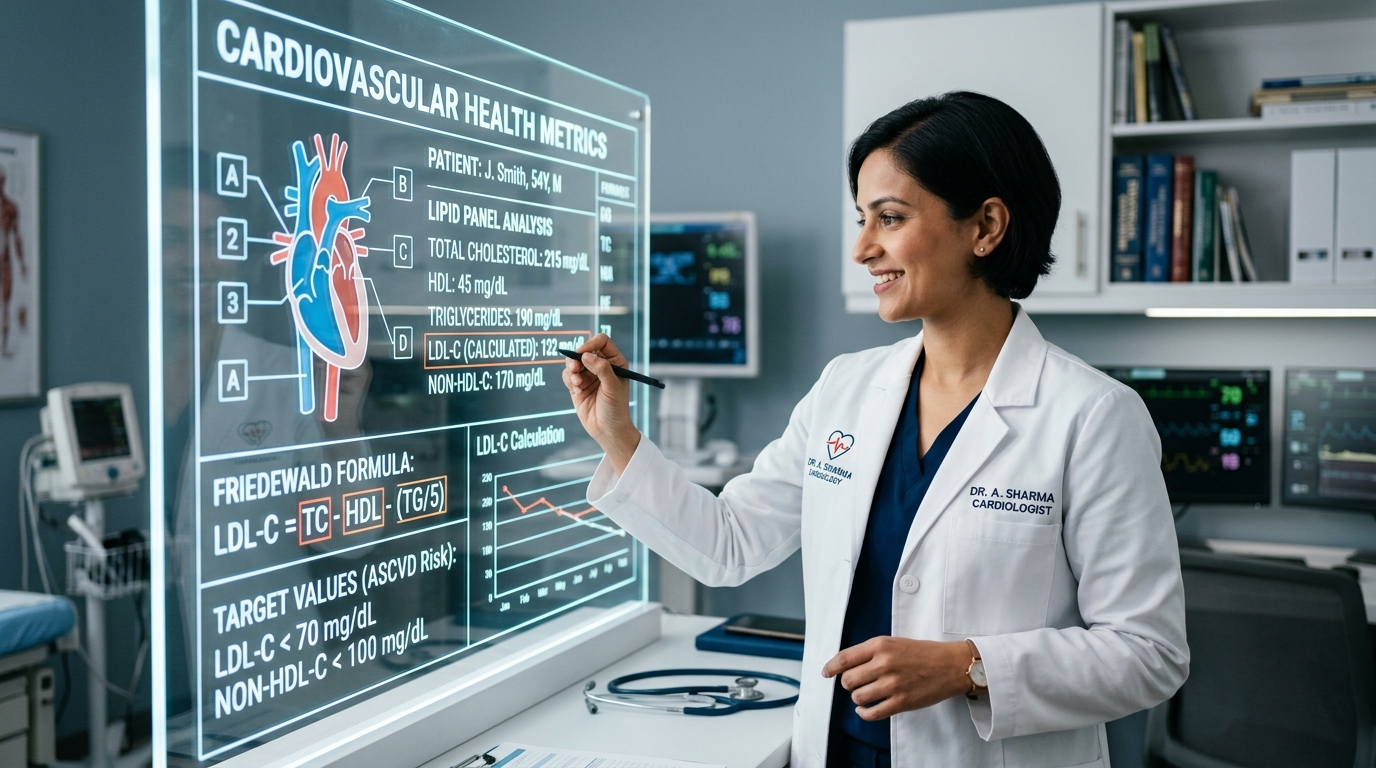 Cardiologa che esamina i valori di rischio e la formula di calcolo del colesterolo LDL su schermo trasparente