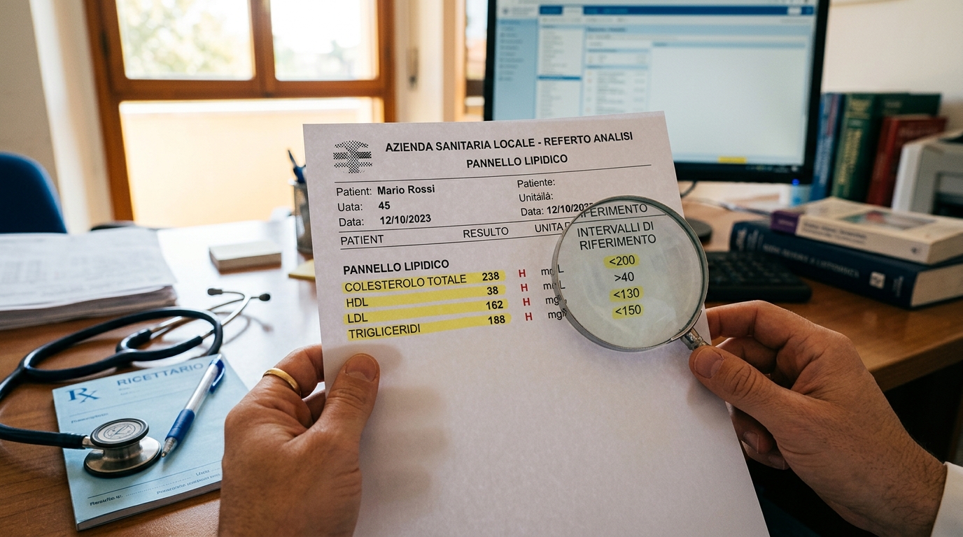 Lettura del referto di laboratorio delle analisi del sangue con evidenziazione del profilo lipidico e intervalli di riferimento