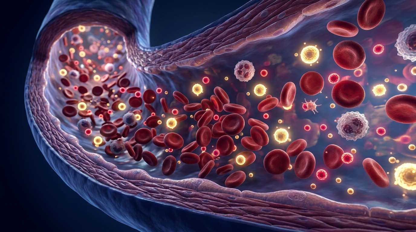 Rappresentazione microscopica 3D del flusso sanguigno arterioso con particelle di colesterolo LDL e HDL